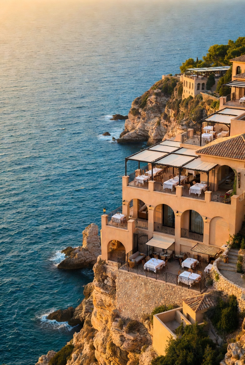 sommelier in elegant uniform serving wine at a luxury Mediterranean fine-dining restaurant in Mallorca
